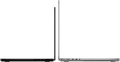 14" und 16" MacBook Pro Geräte stehen mit den Rückseiten zueinander, um den Größenunterschied und das schmale Profil zu verdeutlichen