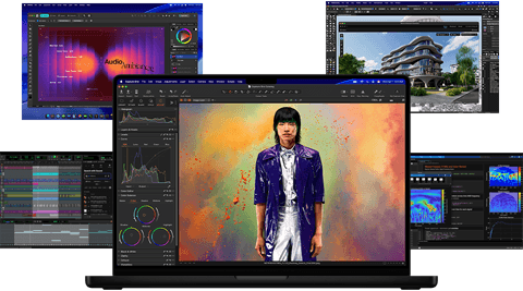 Verschiedene bunte Inhalte auf dem Display aus Apps für Musikproduktion, Grafikdesign, 3D Animation und Fotobearbeitung auf dem Mac, die eine leistungsstarke Grafikperformance demonstrieren