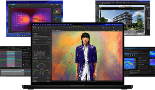 Verschiedene bunte Inhalte auf dem Display aus Apps für Musikproduktion, Grafikdesign, 3D Animation und Fotobearbeitung auf dem Mac, die eine leistungsstarke Grafikperformance demonstrieren