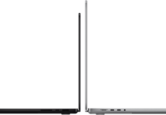 14" und 16" MacBook Pro Geräte stehen mit den Rückseiten zueinander, um den Größenunterschied und das schmale Profil zu verdeutlichen
