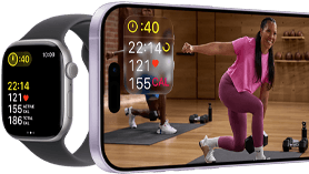 Apple Watch neben einem iPhone mit Apple Fitness+ Kurs auf dem Display