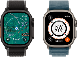 Zwei Apple Watch Ultra 3 Geräte, eines zeigt Karten und das andere Backtrack Funktionen, darunter Kompass, Höhenmeter und markierte Wegpunkte