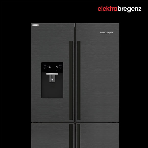 Kühl-Gefrierschrank von elektrabregenz auf schwarzem Hintergrund und Logo elektrabregenz.