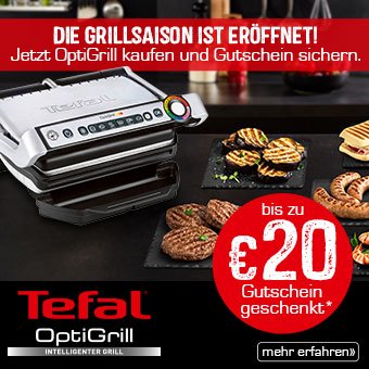 Jetzt Tefal OptiGrill kaufen und electronic4you Gutschein im Wert von bis zu € 20,- für Ihren nächsten Einkauf sichern!