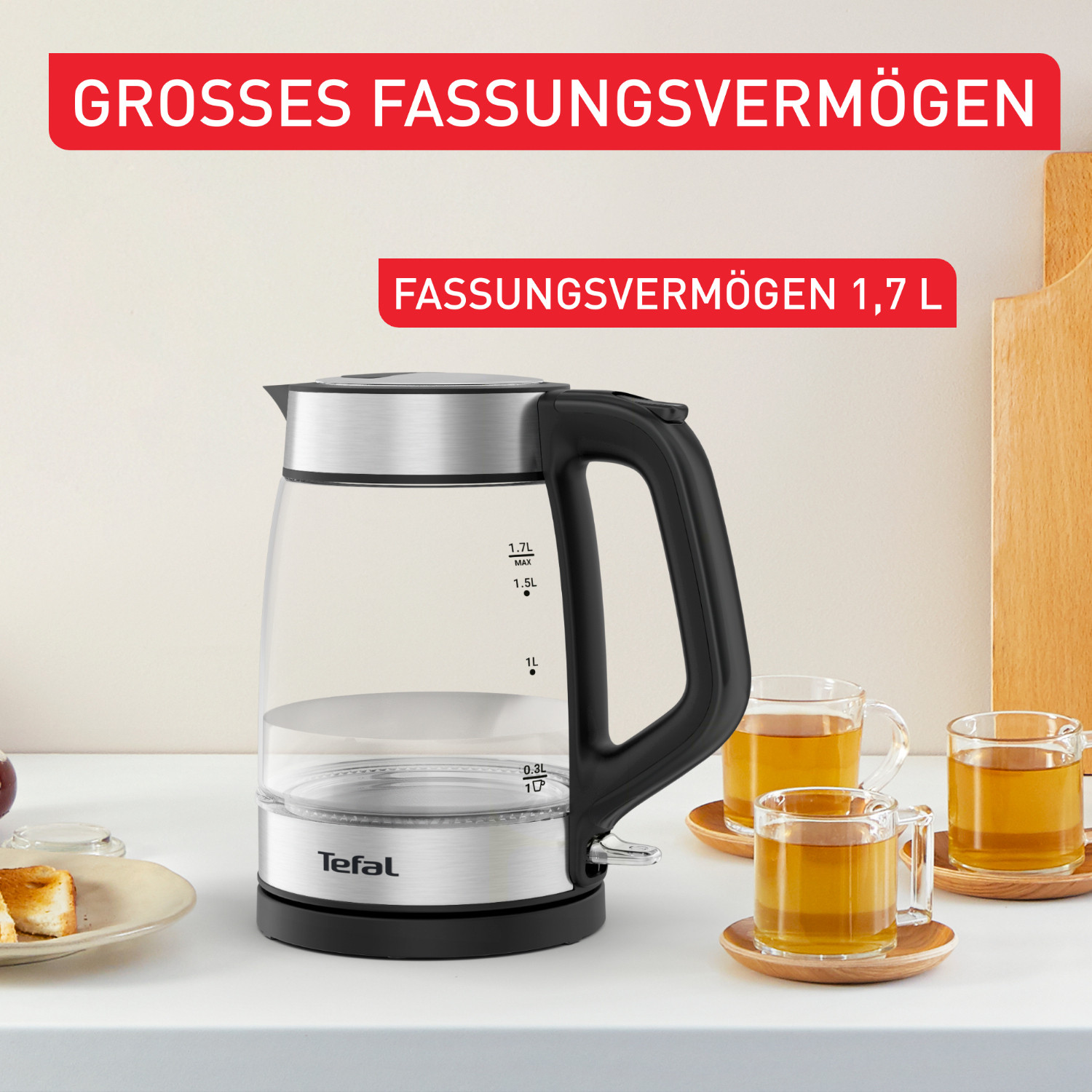 CONCEPT Glas-Wasserkocher 1,7 L, 2200 W, Mit Borosilikatglas, STRIX-Stecker, Kalkfilter & Automatischer Abschaltung – Inkl. Drehbarer Basis