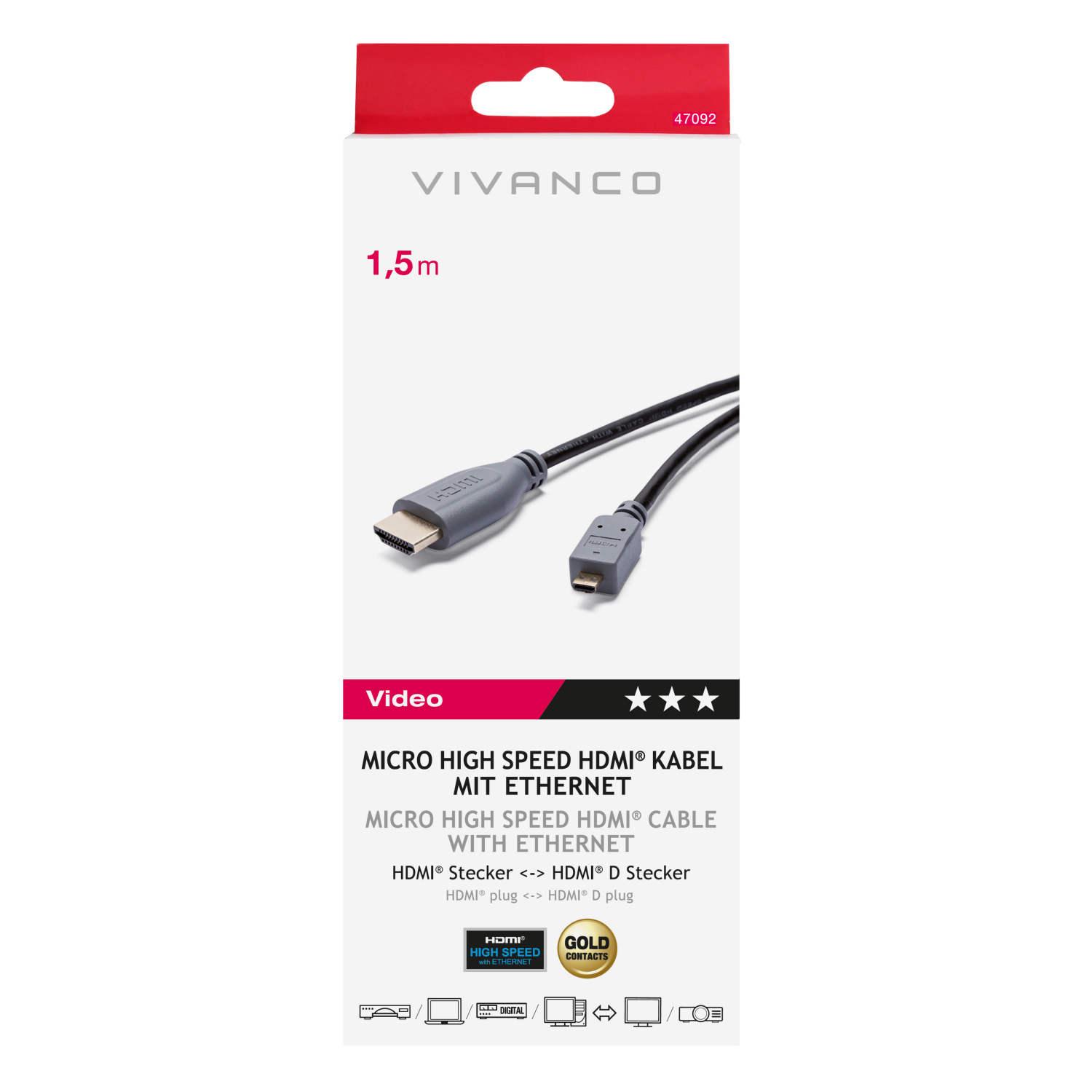 VIVANCO Micro HDMI auf HDMI Kabel 1,5m 47092 1,5m HDMI/MICRO HDMI Zum Anschluss für Rundfunkgeräte