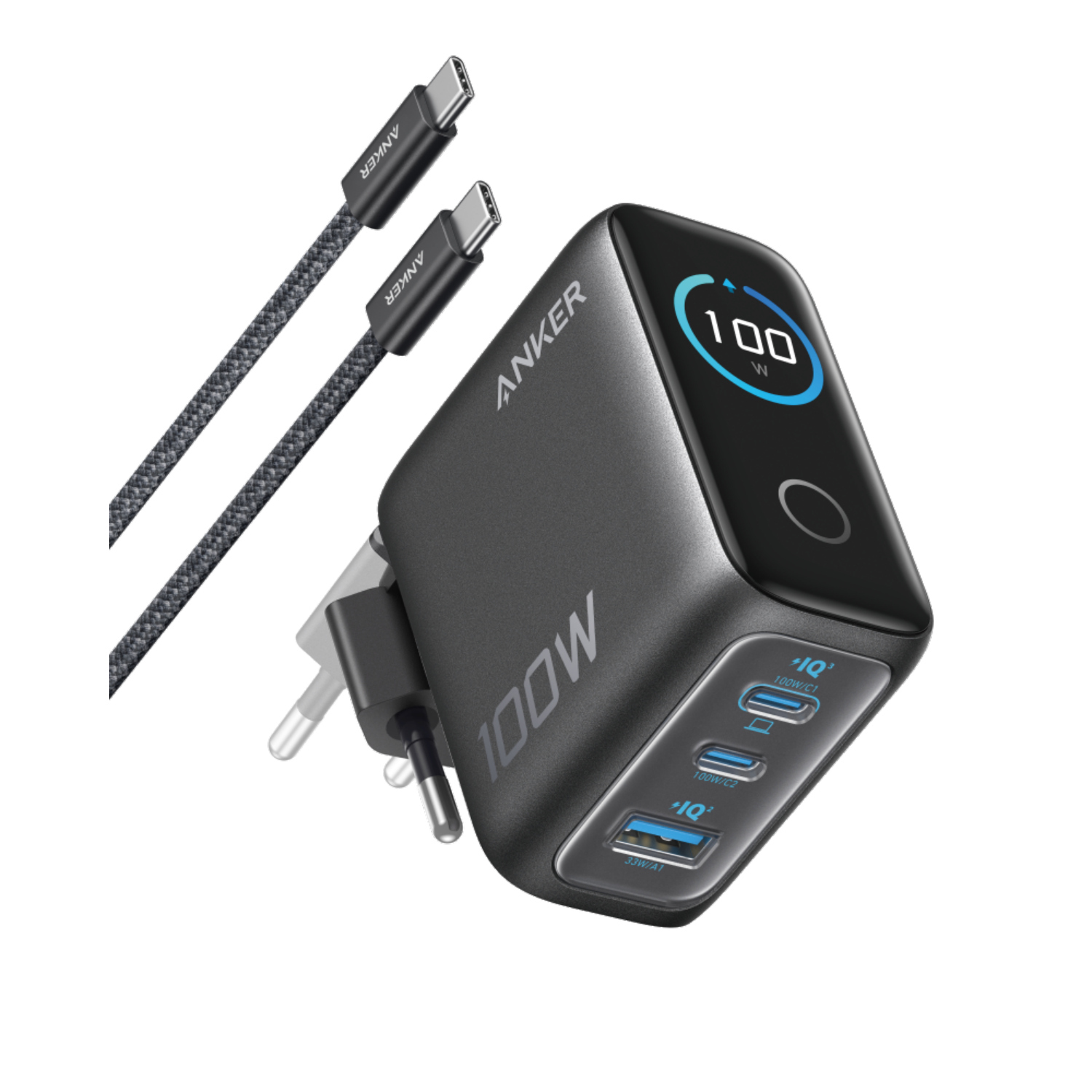 Anker Ladegerät 100W schwarz 3-Ports 2x USB-C, 1x USB-A, Smart Display inklusive USB-C Kabel Image